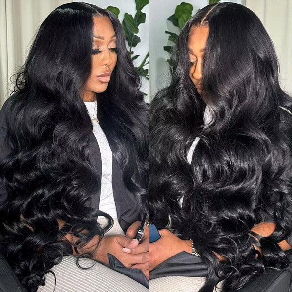 Model showcasing long, black body wave human hair wig with 180% density and natural hairline, perfect for creating a natural and stylish look.