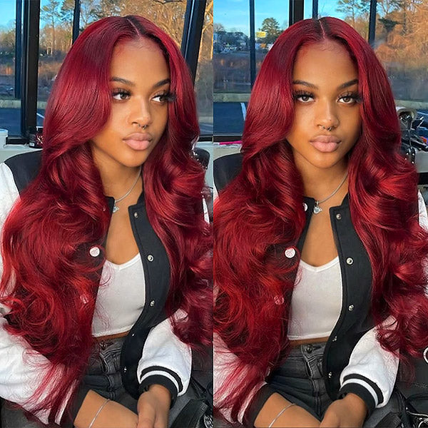 Model With Ishow Burgundy Body Wave Lace Front Wig in 99J Color