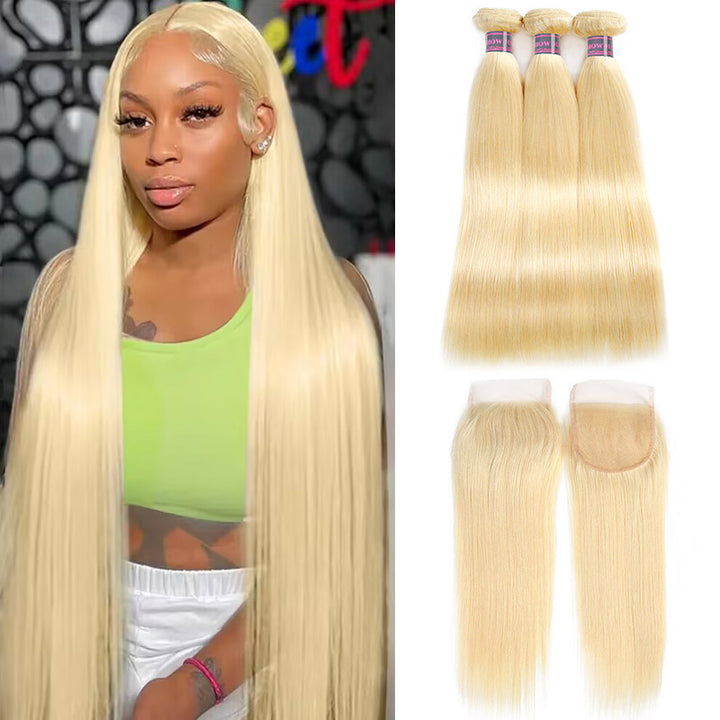 Ishow Straight Human Hair Bundles With 4x4 Lace Closure 613 Blonde Hair Bundles With Lace Closure