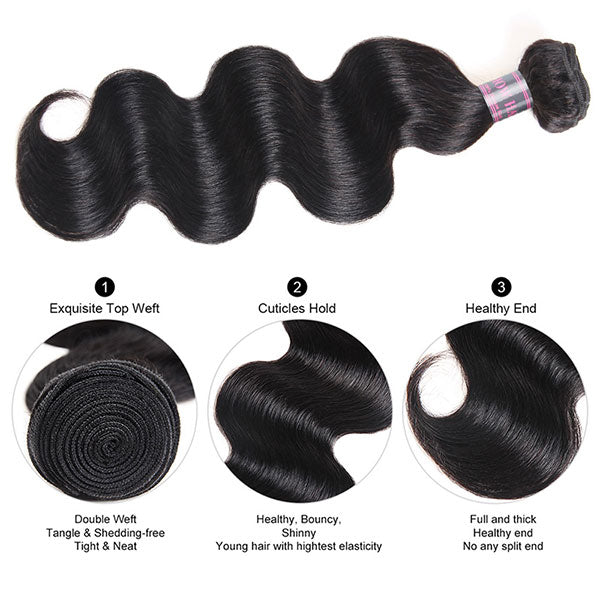 Body Wave Jet Black Human Hair Bundle With Healthy Ends and Weft Details