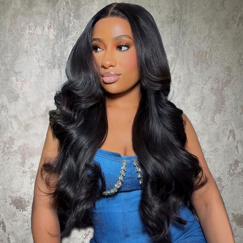 Model With Long, Body Wave Natural Black Hair Wearing Blue Outfit