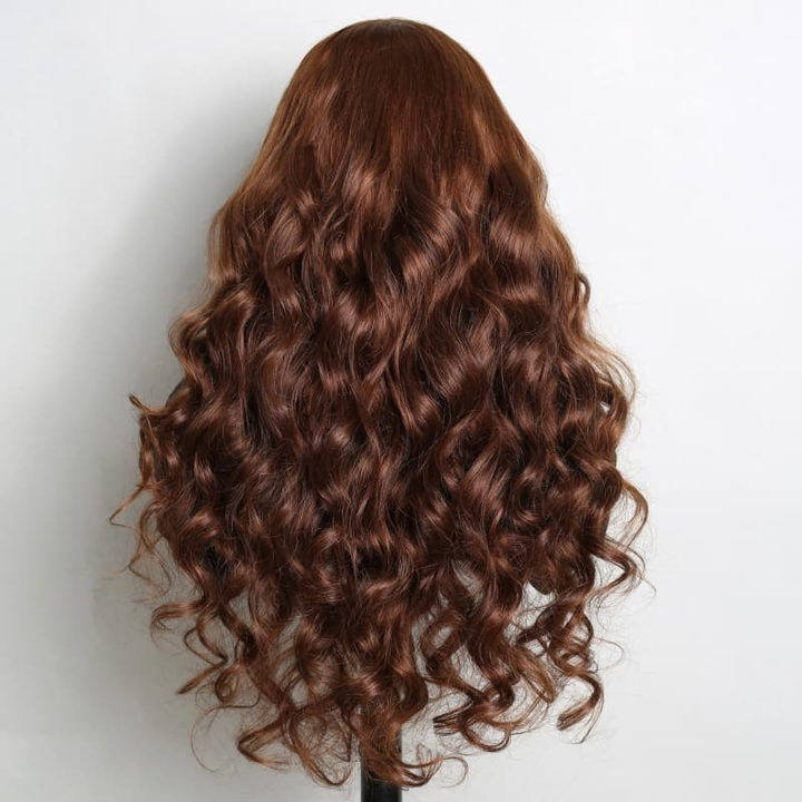 Chocolate Brown Body Wave Wig With Defined Curls Displayed On a Mannequin