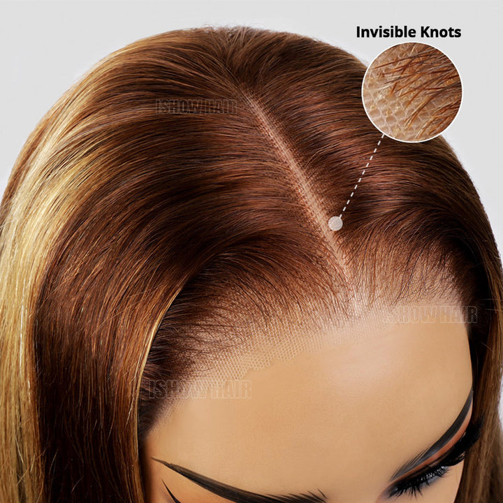 Ishow PPB™ Invisible Knots Wear Go Straight Short Bob Wig Balayage P4/27 Highlighted 5x5 Lace Closure Wigs Pre Cut Wigs