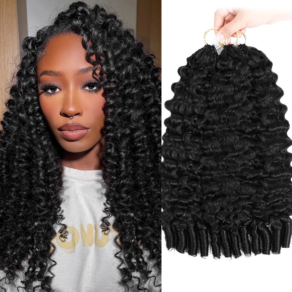 Woman With Burmese Curly Crochet Hair And A Close-Up Of Human Hair Extensions On A White Background