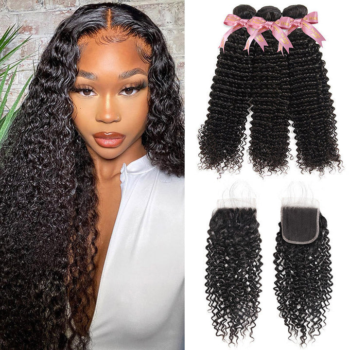 Model Presenting Curly Human Hair Bundles and Lace Closure