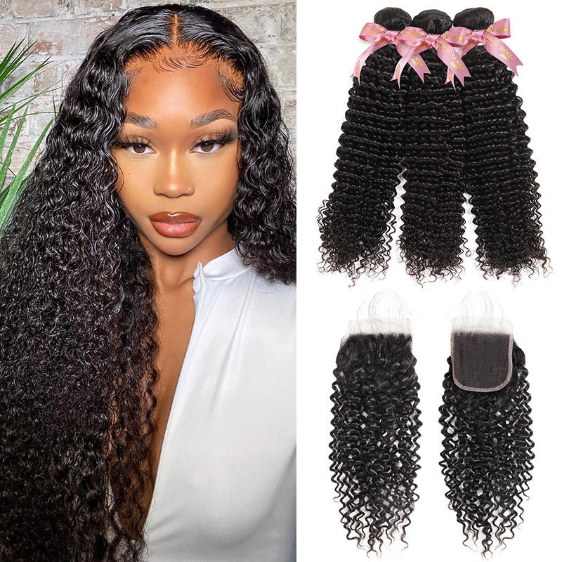 Model Presenting Curly Human Hair Bundles and Lace Closure