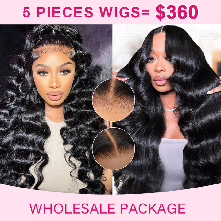 $360 Wholesale Package Deal Pre-Plucked Bleached Knots 13x4 Lace Front Glueless Wigs Human Hair 5Pcs