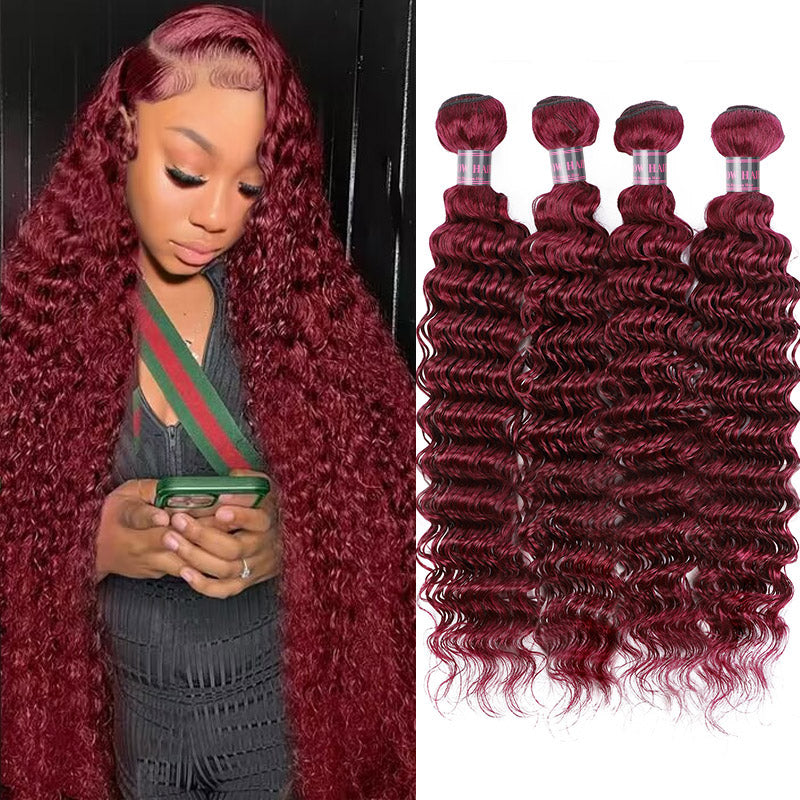 Ishow 99j Red Human Hair Bundles Burgundy Color Deep Wave 4 Bundles