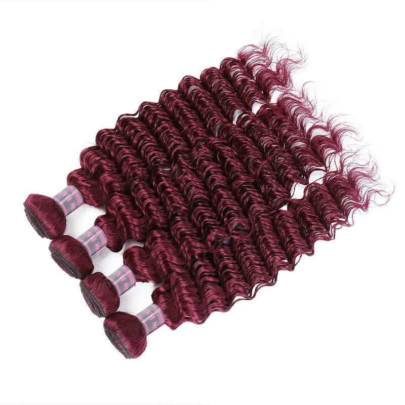 Four Burgundy Deep Wave Hair Bundles Showcasing 99J Color and Natural Texture