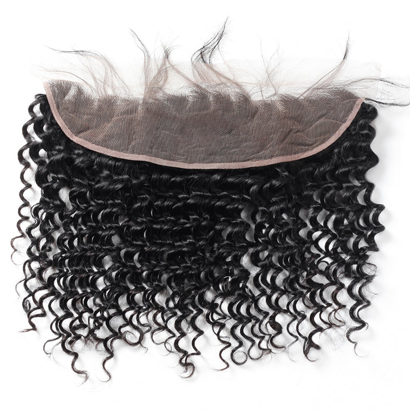 13X4 Lace Frontal With Deep Wave Pattern in Natural Black, Showcasing Soft Curls