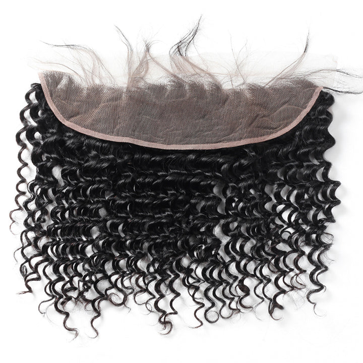 13X4 Lace Frontal With Deep Wave Pattern in Natural Black, Showcasing Soft Curls