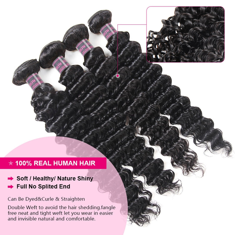 Ishow Deep Wave Human Hair Bundles With Closure Peruvian Hair 4 Bundles With 2x6 Lace Closure