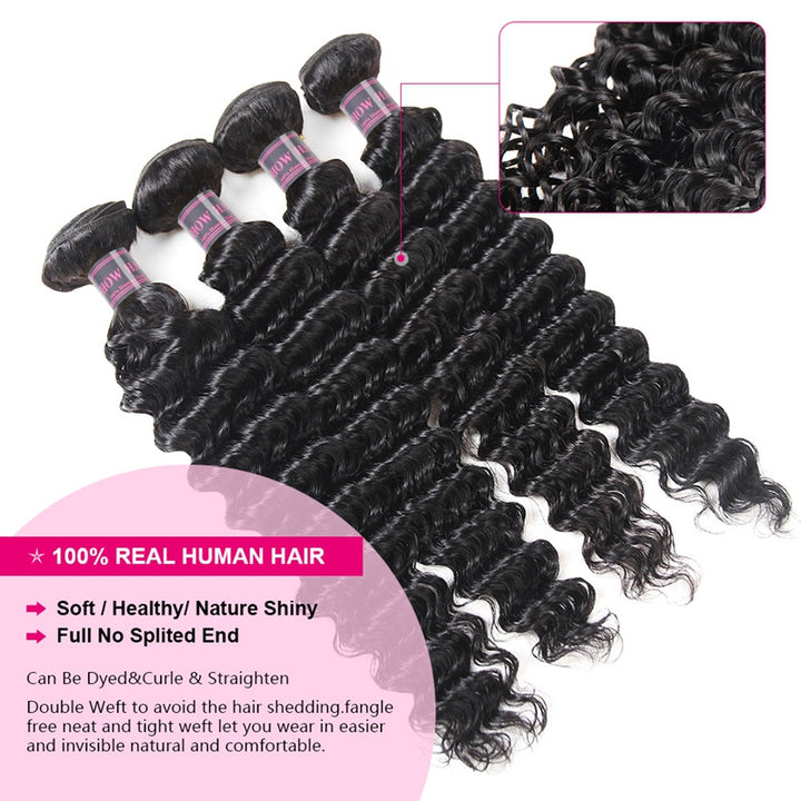 Deep Wave 4 Bundles With 4*4 Lace Closure 100% Virgin Brazilian Human Hair Weave