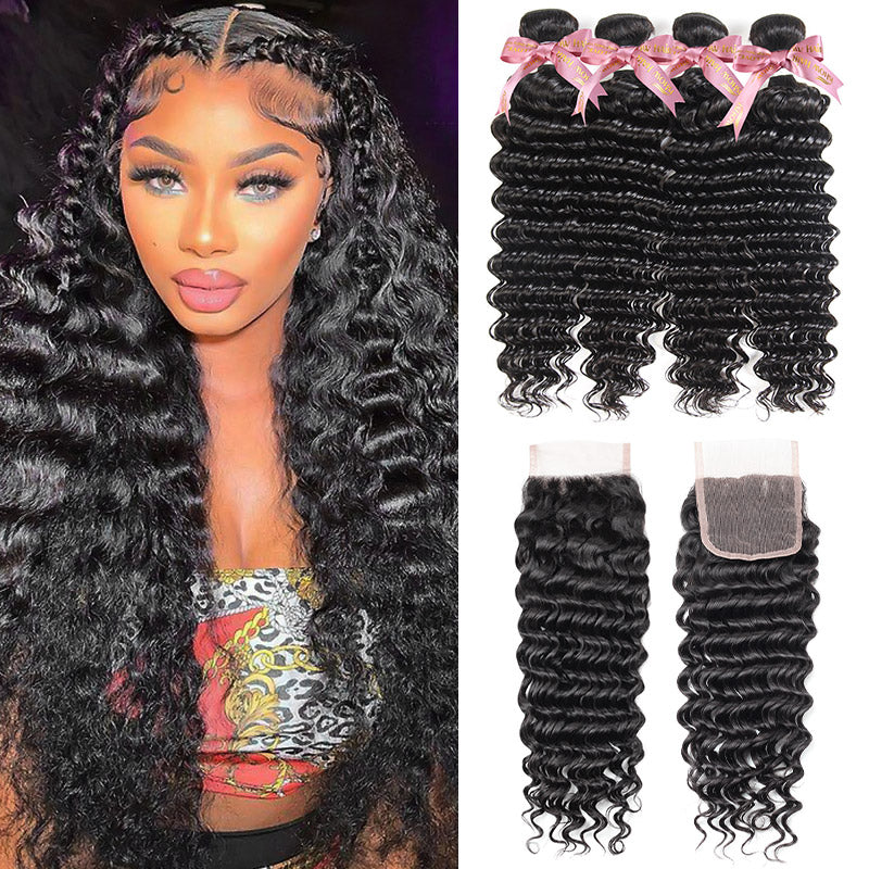 Ishow 12A Grade High Quality Brazilian Loose Deep Wave/Deep Wave/Loose Wave/Water Wave/Culy Human Hair 4 Bundles With 4*4 HD Lace Closure