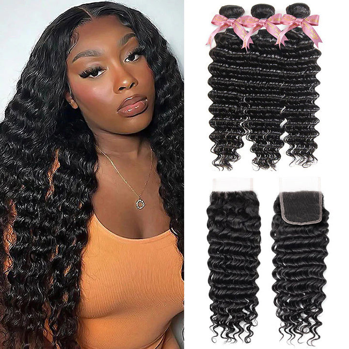 Deep Wave Human Hair Bundles With Transparent Lace Closure On Display