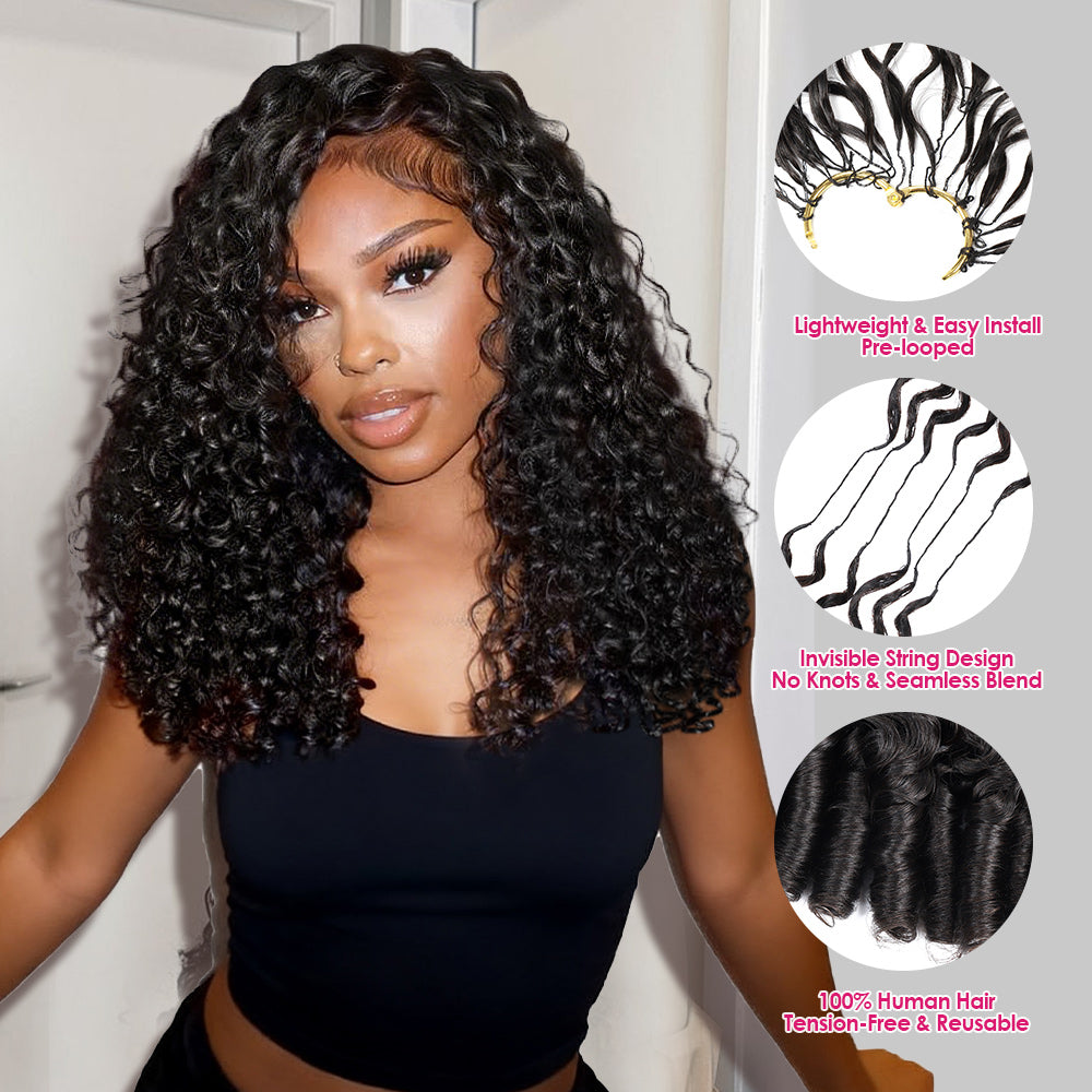 Woman Showcasing Burmese Curly Hairstyle Next To Three Characteristics Of Feather Crochet Hair Human Hair Extension From Ishow Beauty