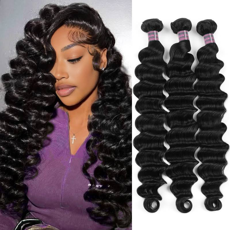 Woman with Brazilian Loose Deep Wave human hair, showcasing glossy, thick, and soft curls, wearing a purple top.