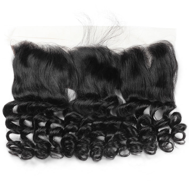 Indian Loose Wave hair extensions set with three bundles and 13x4 lace frontal closure in natural black color.