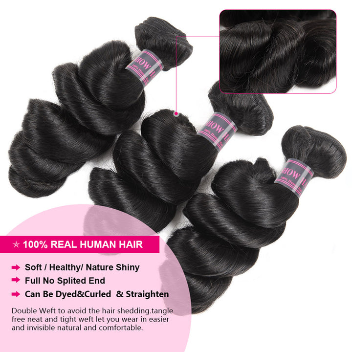 Brazilian Loose Wave Hair 3 Bundles with Ear-To-Ear 13x4 Lace Frontal,100% Virgin Human Hair