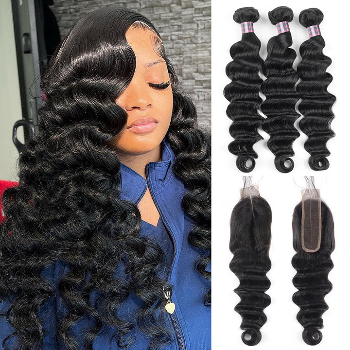 Ishow Bundles With Closure Malaysian Loose Deep Wave Hair 3 Bundles With 2x6 Lace Closure