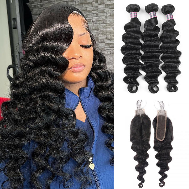 Ishow Bundles With Closure Malaysian Loose Deep Wave Hair 3 Bundles With 2x6 Lace Closure