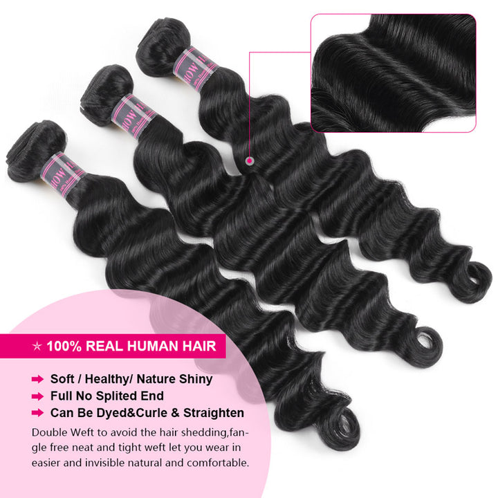 Bundles with Frontal Brazilian Loose Deep Wave Human Hair 3 Bundles with 13x4 Lace Front Closure