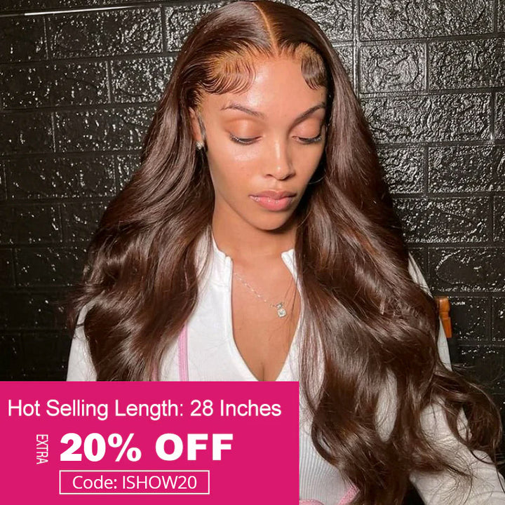 Model Wearing a Chocolate Brown Body Wave Lace Frontal Wig With Visible Curls and Hairline