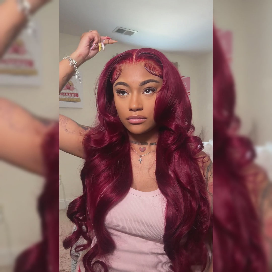 Ishow 32 Inch 200 Density 99j Burgundy HD Transparent Lace Front Wig Body Wave/Straight/Deep Wave Human Hair Wigs Pre Plucked Natural Hairline