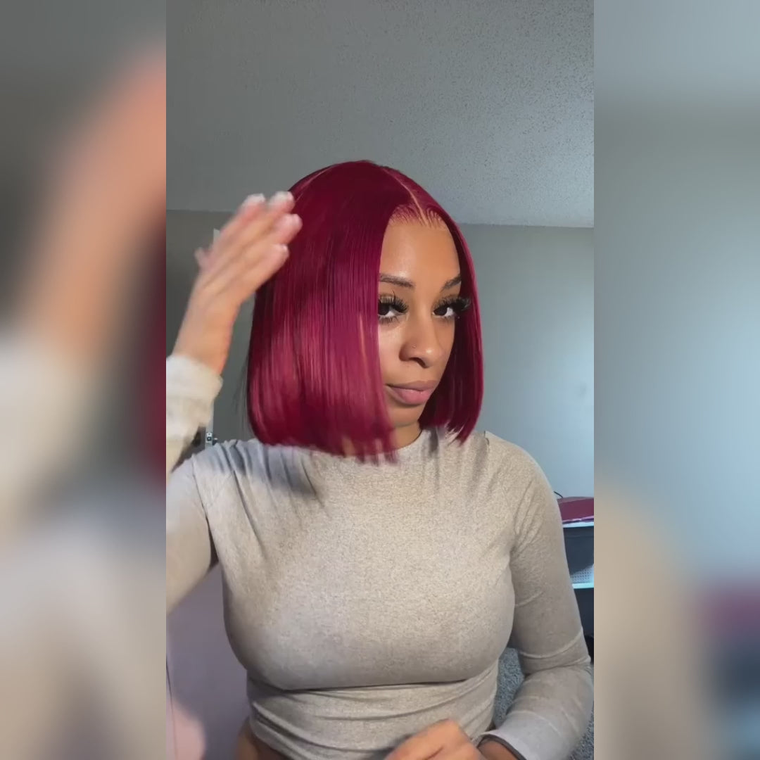 Burgundy Bob Wig Short Bob Wigs Straight Human Hair Lace Front Wigs with Baby Hair