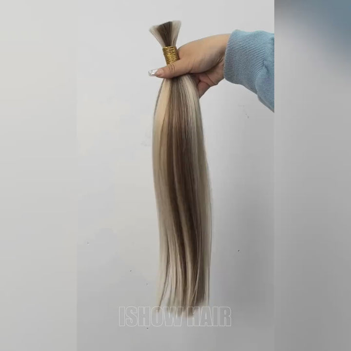 Ishow Straight Bulk Human Hair For Braiding #P8/60 High End Extensions Ash Brown With Platinum Blonde Highlights