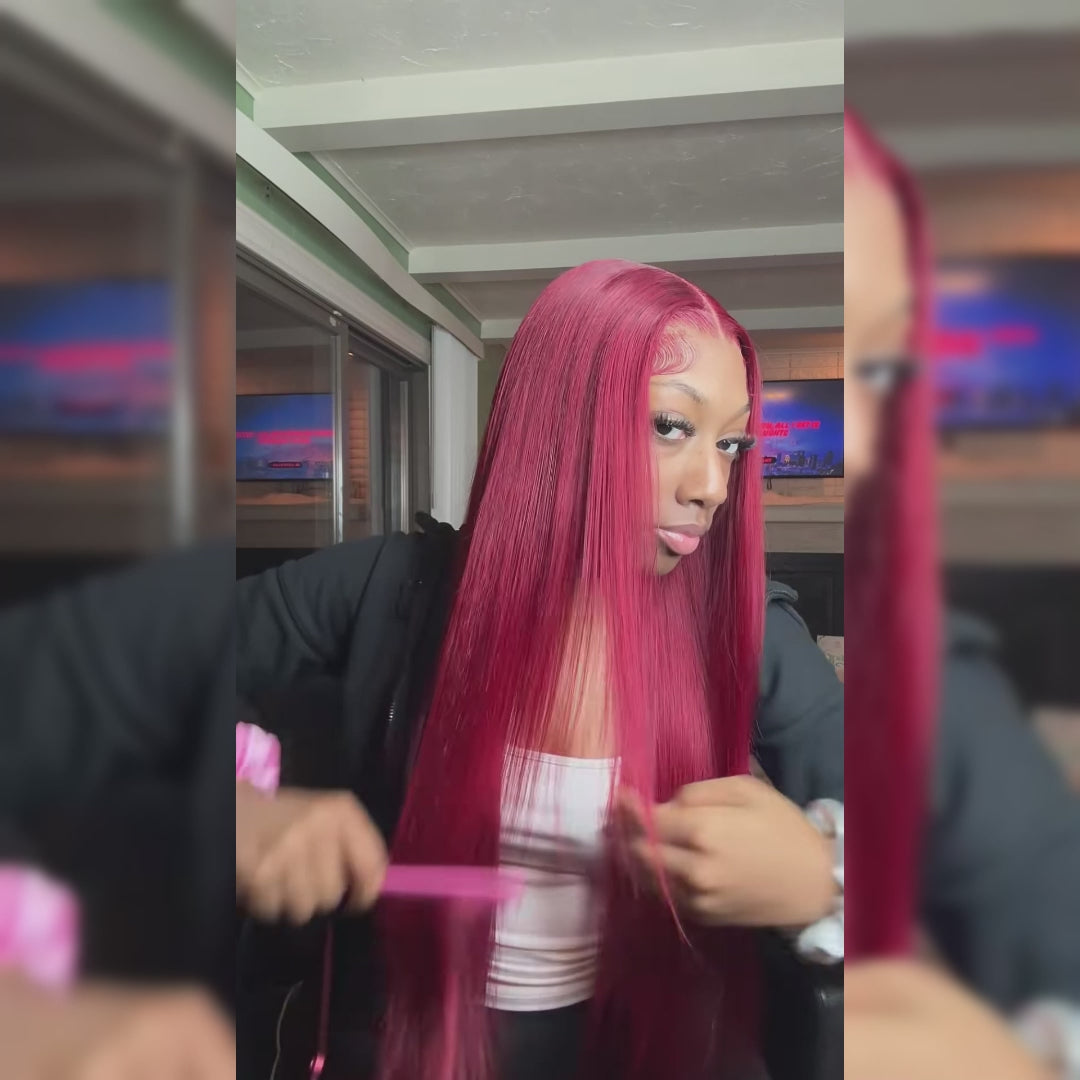 Ishow 32 Inch 200 Density 99j Burgundy HD Transparent Lace Front Wig Body Wave/Straight/Deep Wave Human Hair Wigs Pre Plucked Natural Hairline