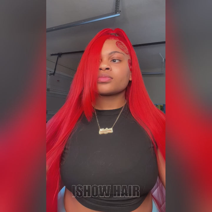 Ishow Red Lace Front Wig Ready To Wear Glueless Straight Human Hair Wigs PPB™ Invisible Knots Pre Cut Lace Wigs