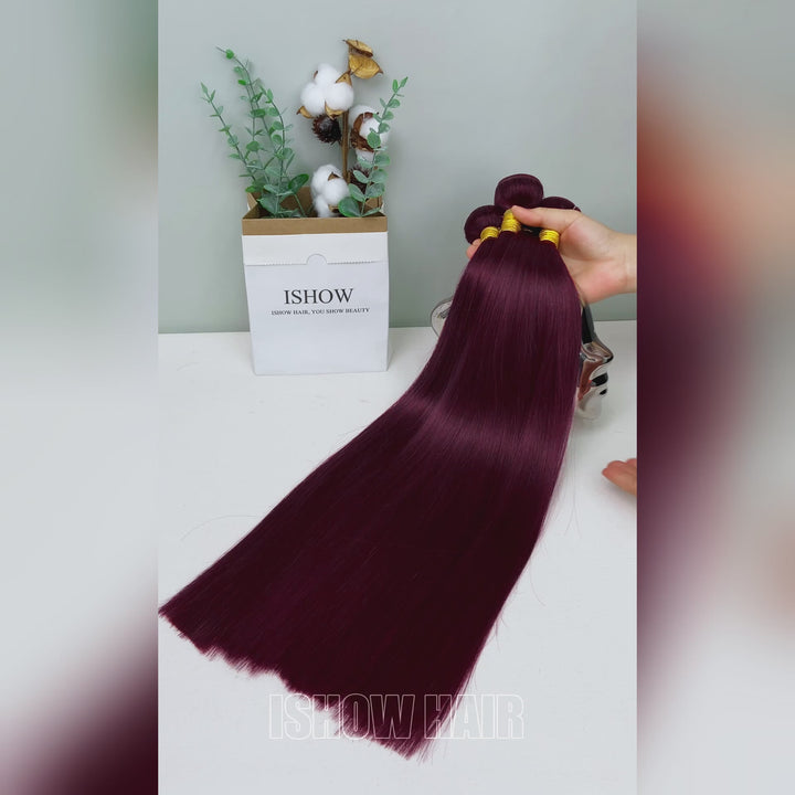 Ishow 99J Burgundy 15A Premium Human Hair Bundles Long Lasting Straight Hair 100% Unprocessed Raw Human Hair Bundles