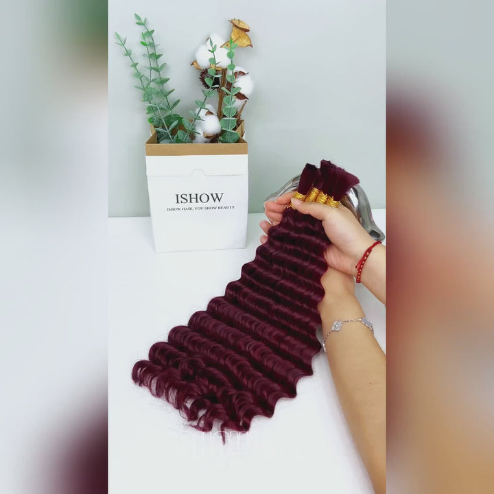 Ishow 100% Unprocessed Raw Human Hair Deep Wave 99J Burgundy Color Hair Bulk For Boho Knotless Braids
