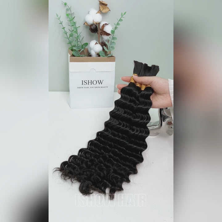 Ishow 15A 100% Unprocessed Raw Human Hair Bulk For Braiding Deep Wave 1B Black Color Human Hair Extensions