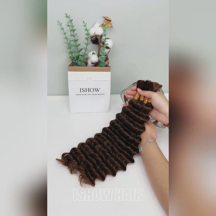 Ishow Deep Wave 100% Unprocessed Raw Human Hair Bulk 4# Brown Colored Hair Extensions For Boho Knotless Braids