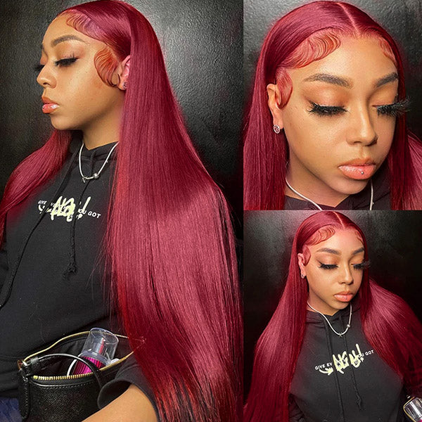 Ishow Burgundy Wig 99J HD Lace Wig Glueless Straight Human Hair Wigs Ready To Wear PPB™ Invisible Knots Pre Cut Lace
