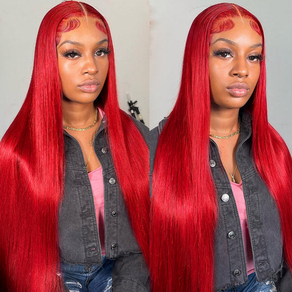 Model Wearing Long Straight Red Lace Front Wig With Natural Hairline