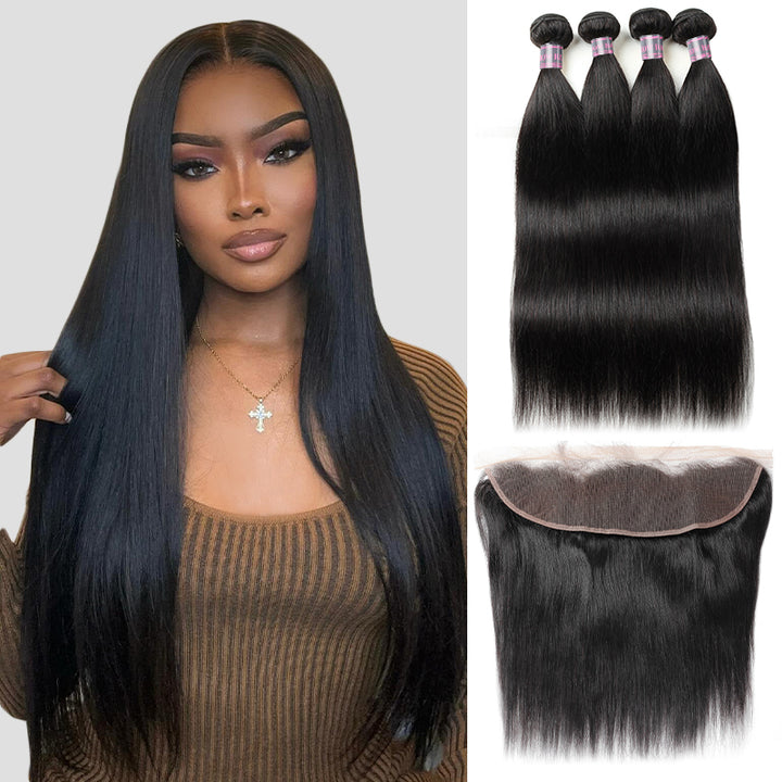 Peruvian Straight Hair Weave 4 Bundles with Ear to Ear Lace Frontal Closure