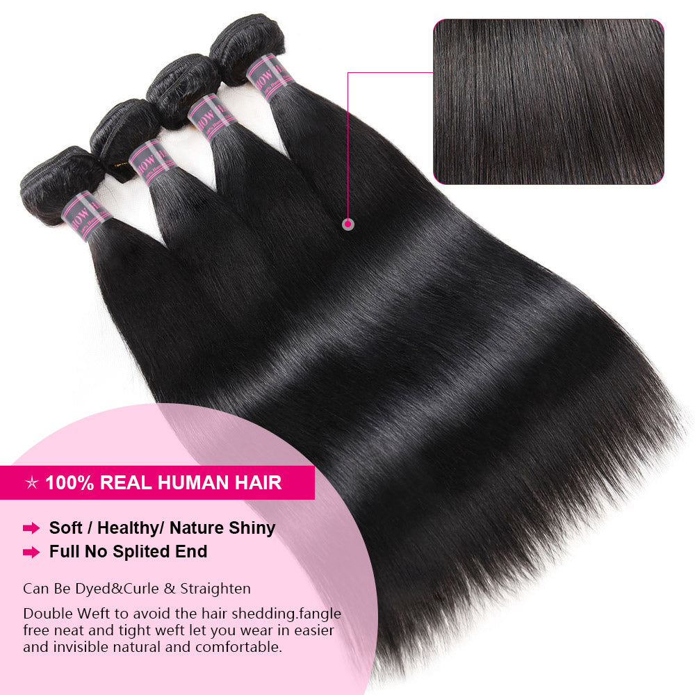 Peruvian Straight Hair Weave 4 Bundles with Ear to Ear Lace Frontal Closure