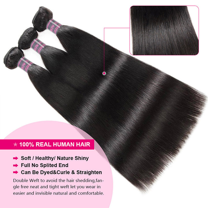 Straight Hair Bundles with Frontal Peruvian Human Hair 3 Bundles with 13x4 Lace Frontal