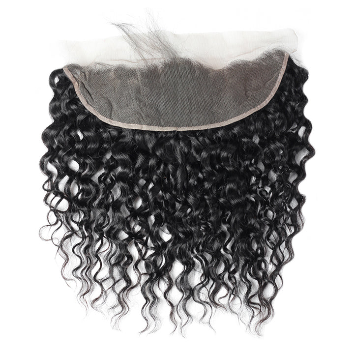 Indian Water Wave hair extensions set with three bundles and 13x4 lace frontal closure in natural black color.