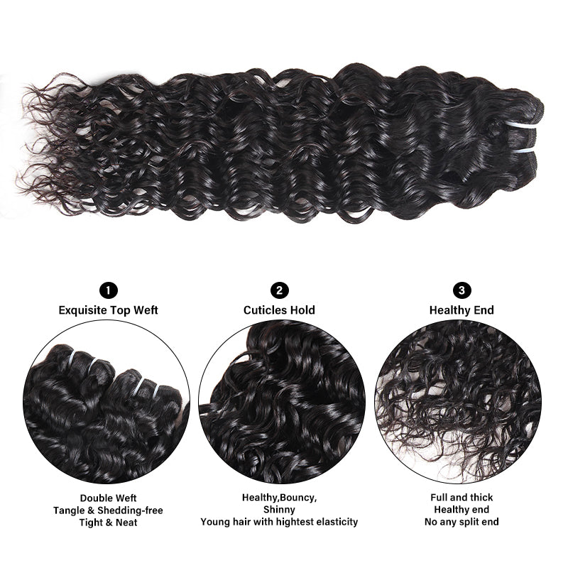 Indian Water Wave hair extensions set with three bundles and 13x4 lace frontal closure in natural black color.