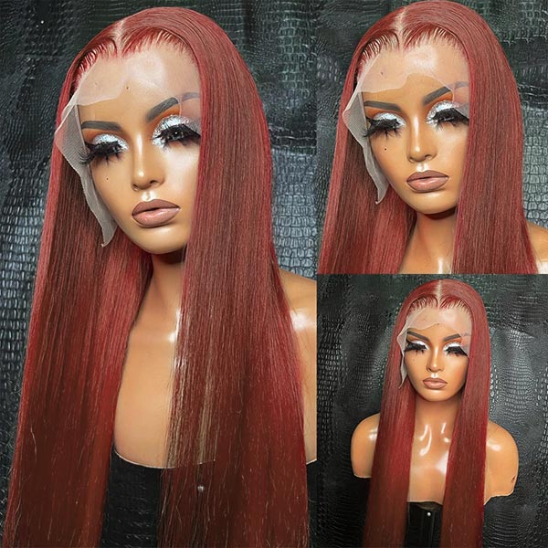 Reddish Brown Straight Lace Frontal Wig Displayed On a Mannequin