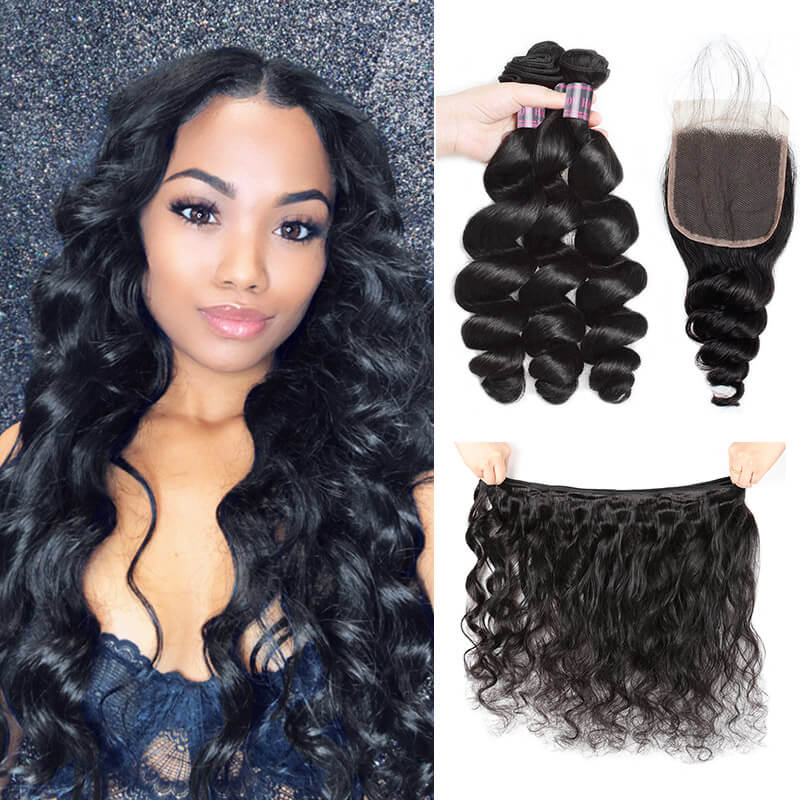 Indian Loose Wave 3 Bundles With 4*4 Lace Closure Deals - IshowHair