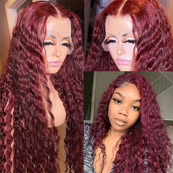 Burgundy Color Deep Wave Wig HD Lace Frontal Wig 32 Inch Human Hair Wig with Baby Hair