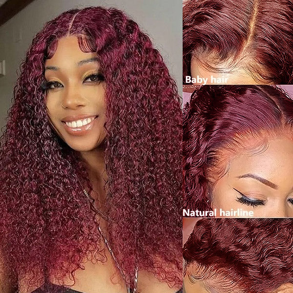 Deep Wave Wig 99j Burgundy Color Transparent HD Lace Closure Wig 250 Density Human Hair Wigs