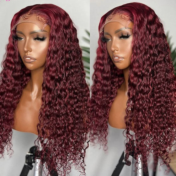 Deep Wave Wig 99j Burgundy Color Transparent HD Lace Closure Wig 250 Density Human Hair Wigs