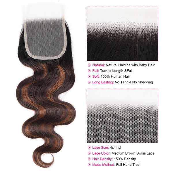Ishow Body Wave Human Hair Bundles With Lace Closure T1b 4/30 Balayage Ombre Color 4 Bundles With Lace Closure