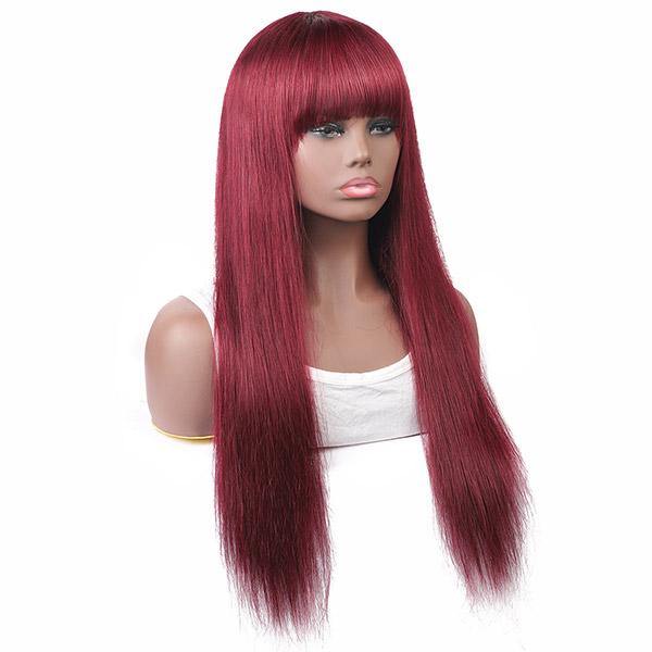99J Burgundy Color Straight Hair No Lace Wig With Bangs - IshowHair